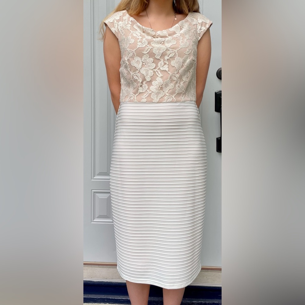 J. Taylor beautiful dress in white, beige & a bit of sparkle size 6